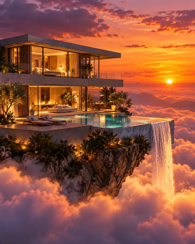Casa sobre las nubes, imagen hecha con este prompt