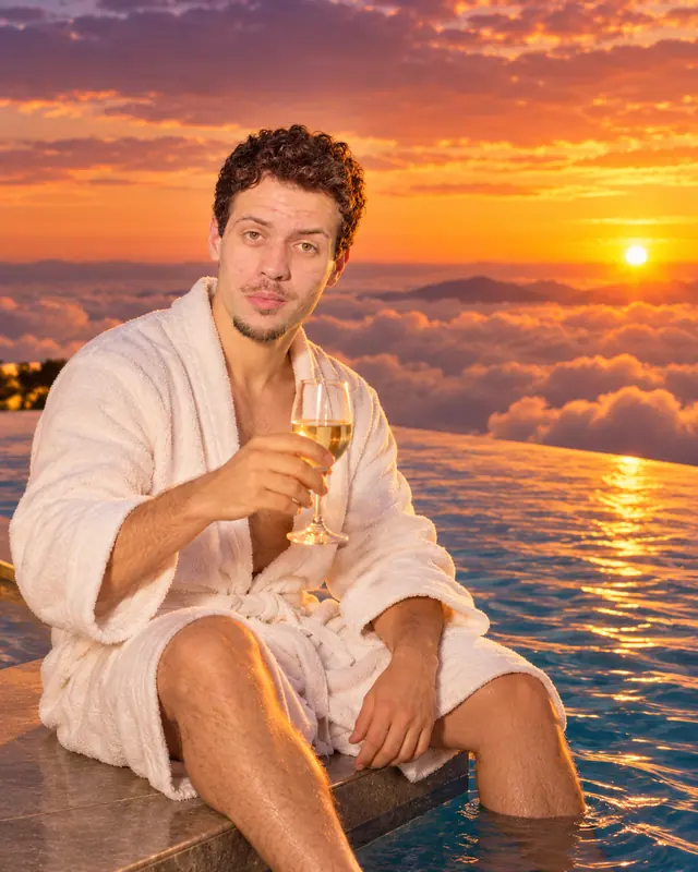 Piscina sobre las nubes, imagen hecha con este prompt